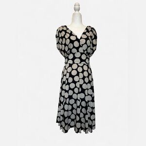 Polka Dot V-Neck Midi Dress - Black & Cream